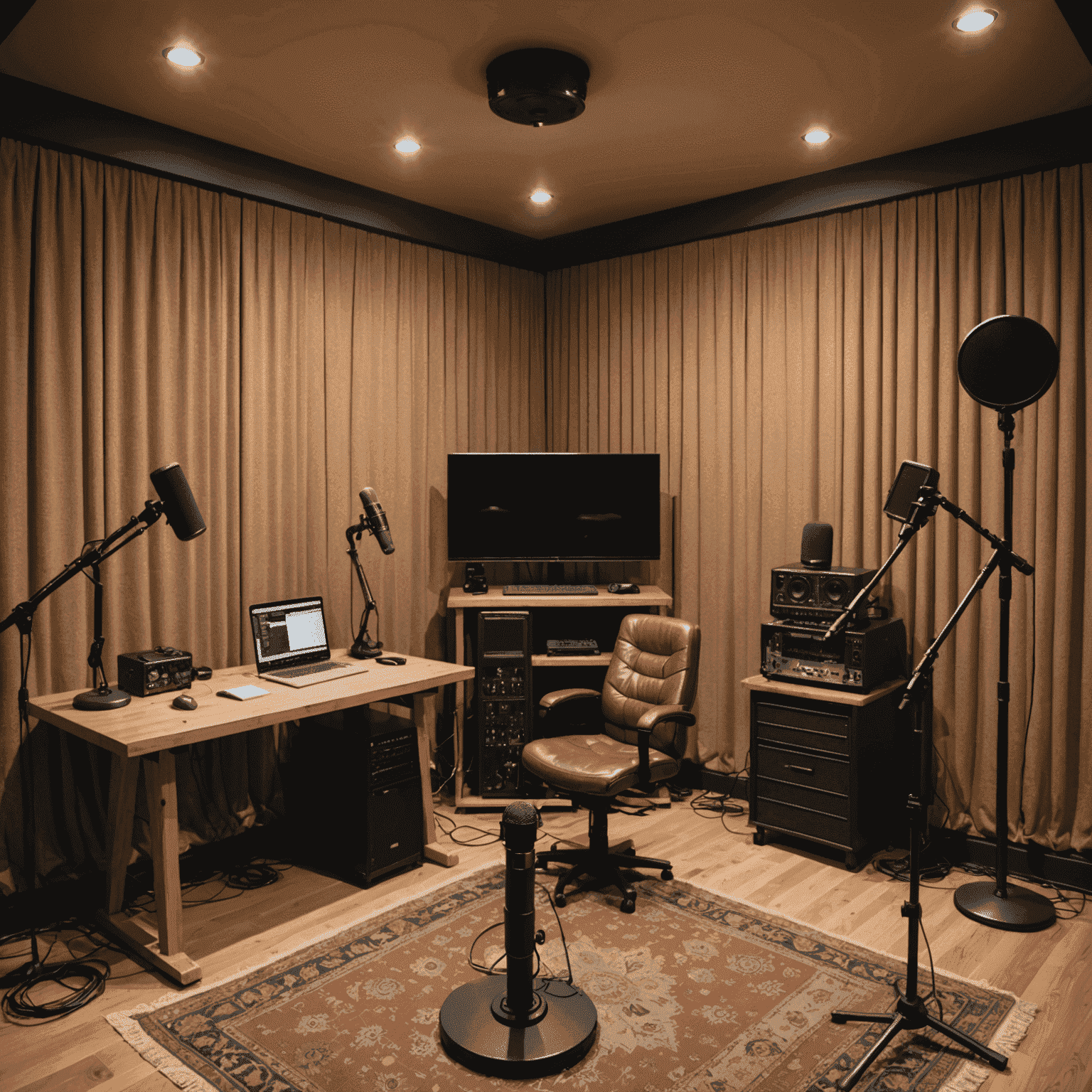 Imagem do interior do nosso estúdio de podcast, mostrando microfones profissionais, equipamentos de gravação e um ambiente acolhedor com paredes em tons terrosos e decoração que evoca ondas sonoras